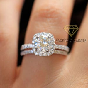 2.20 ctw Round Halo Engagement Ring, Bridal Set, Wedding Band, Solid 14k White Gold Lab Created Man Made Synthetic Simulated Diamonds image 10