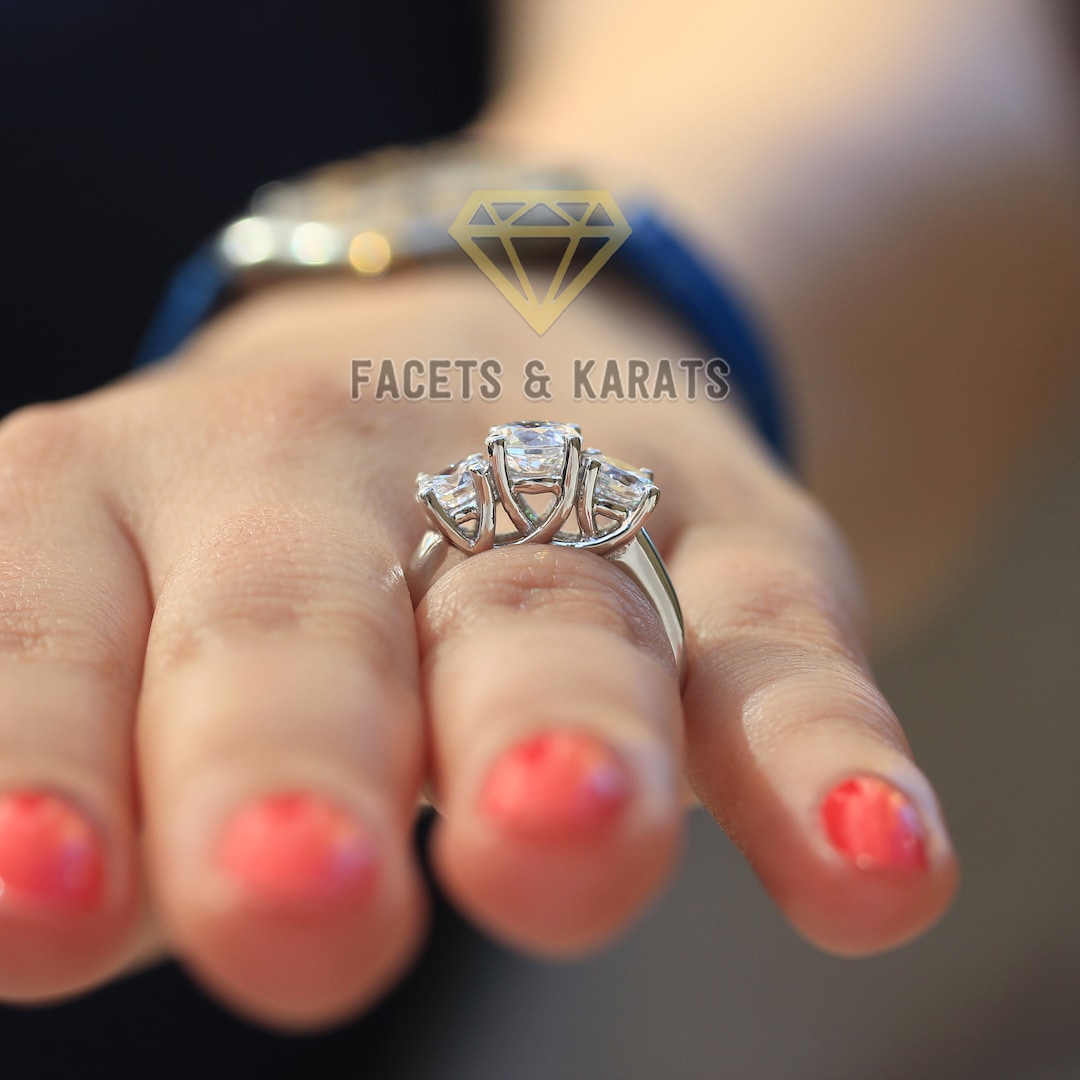 Carat Three Stone Trellis Ring 14k Solid Real White Gold