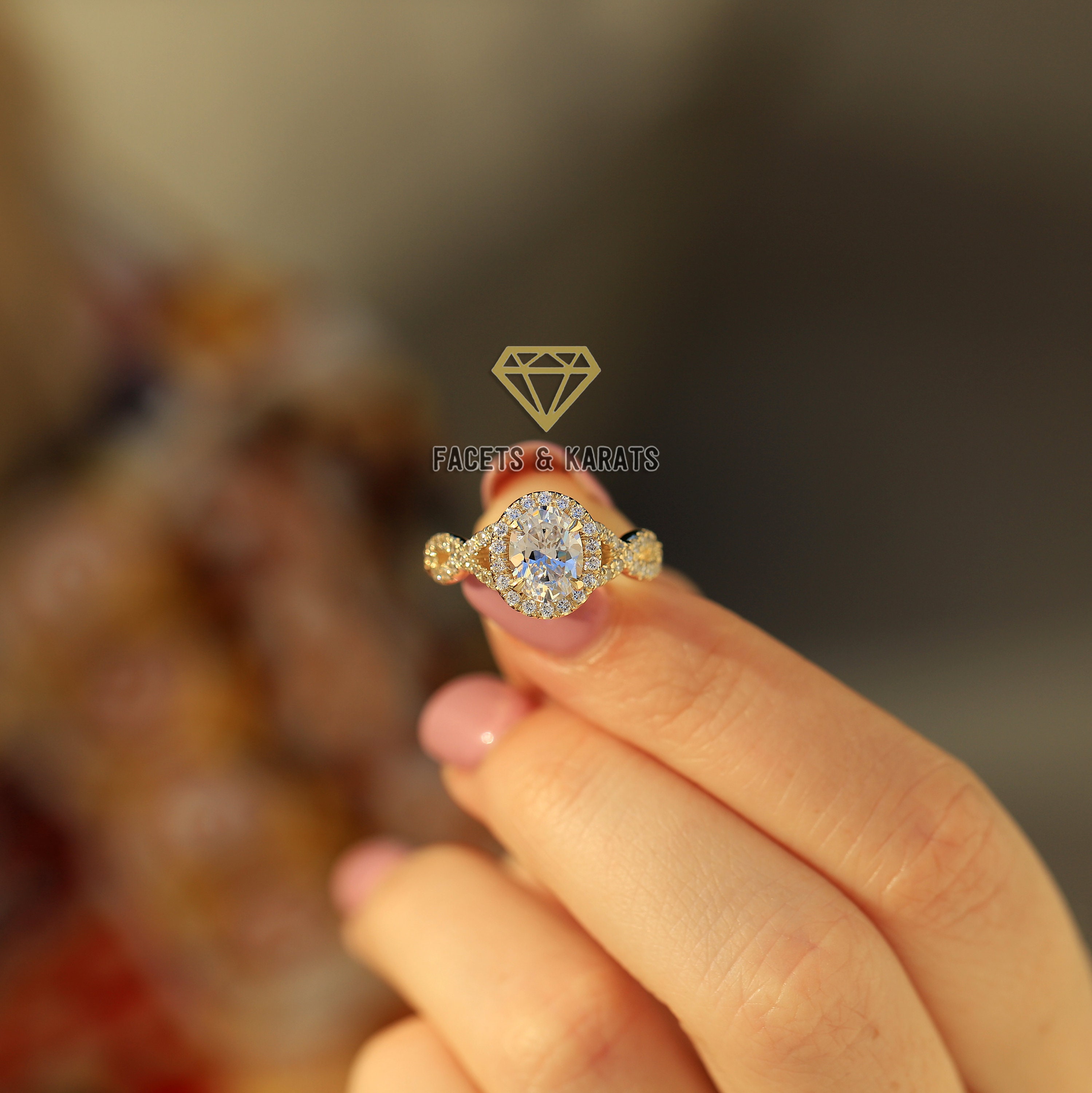 14K White Gold Oval Diamond Twisted Vine Halo Engagement