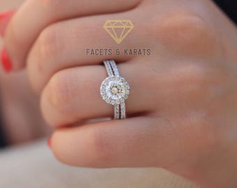 Zestaw obrączek ślubnych z okrągłym pierścieniem Halo o masie 1,8 ct – pierścionek zaręczynowy z diamentem lub moissanitem hodowanym laboratoryjnie z certyfikatem IGI i obrączka ślubna w złocie próby 10 lub 14 ct