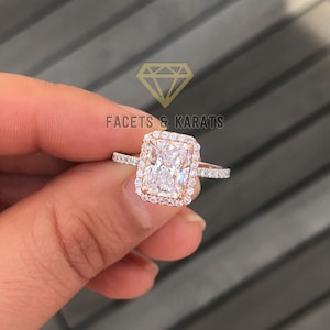 18k Rose Gold Engagement Ring for Women, Wedding Ring, Proposal Ring, Halo Engagement Ring, Gold Ring, 3.5 Carat Radiant Cut Engagement Ring