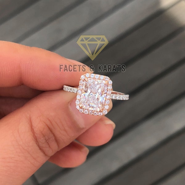 18K Gold Radiant Cut Moissanite Engagement Ring With Hidden Halo, 3.5 Total Carat Weight – FACETS and KARATS