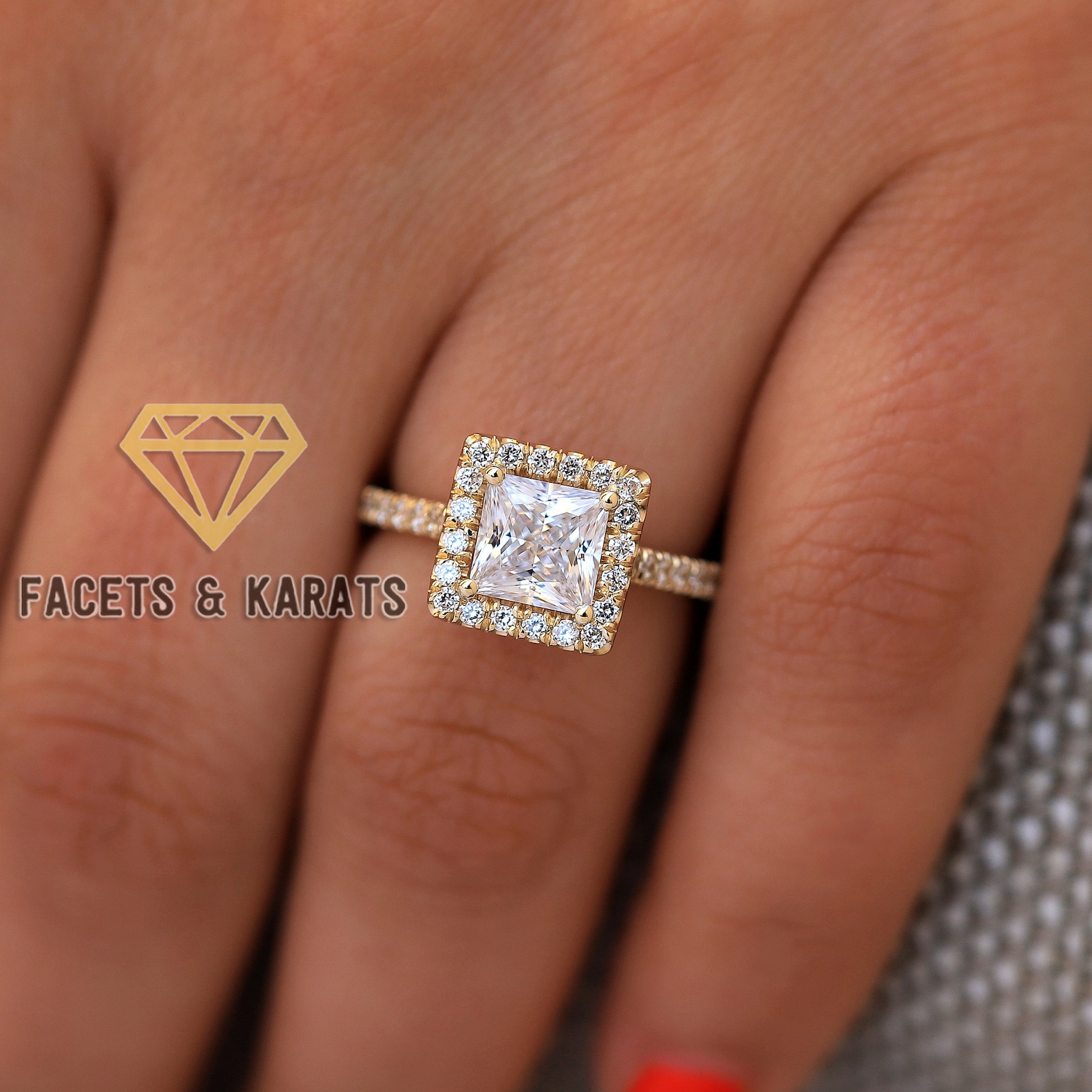 2 Carat Princess Cut Engagement Ring Square Halo Wedding Etsy