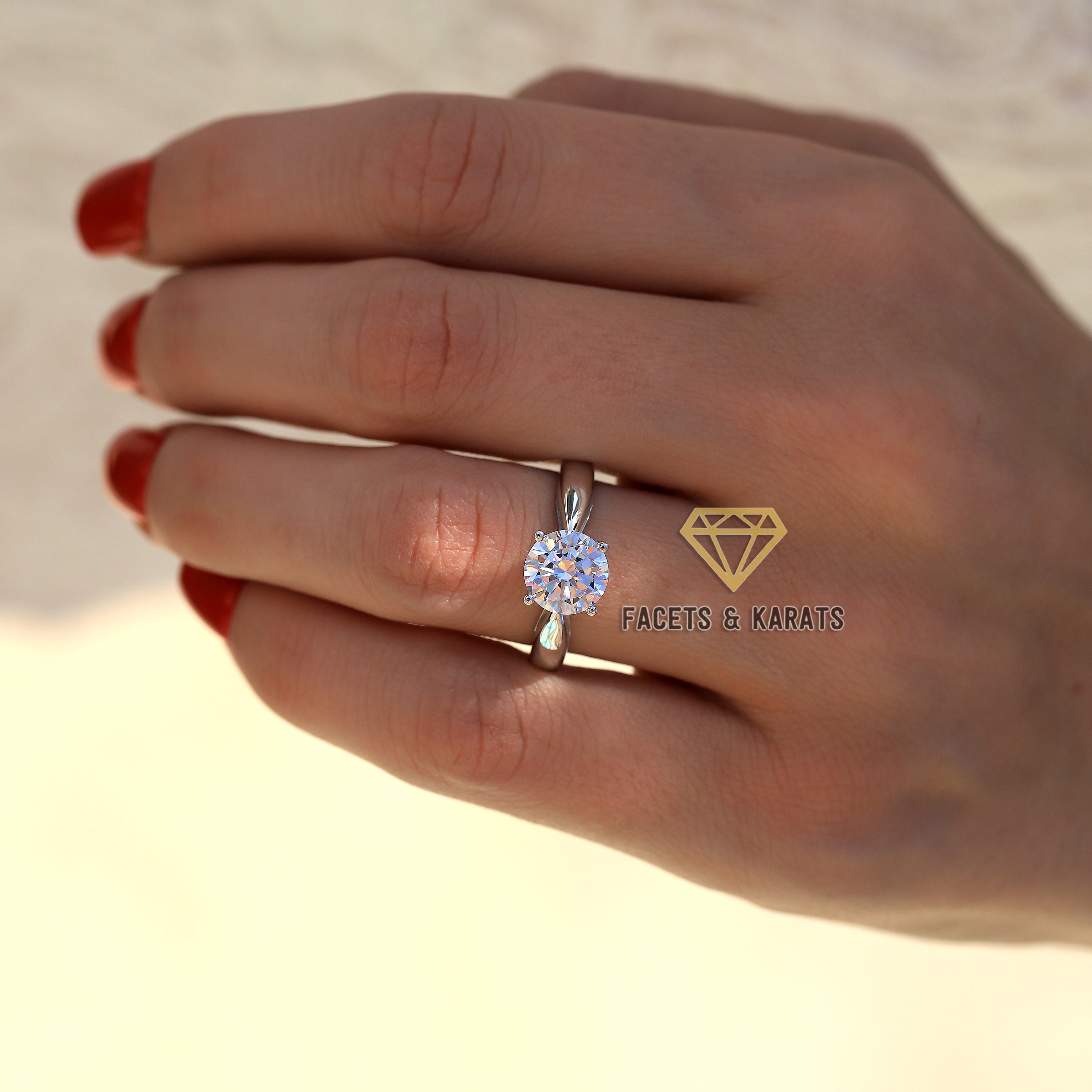 Bague Fiançailles Solitaire Moissanite 2.60ct Or Blanc 14k, Taille 7, Fait Main