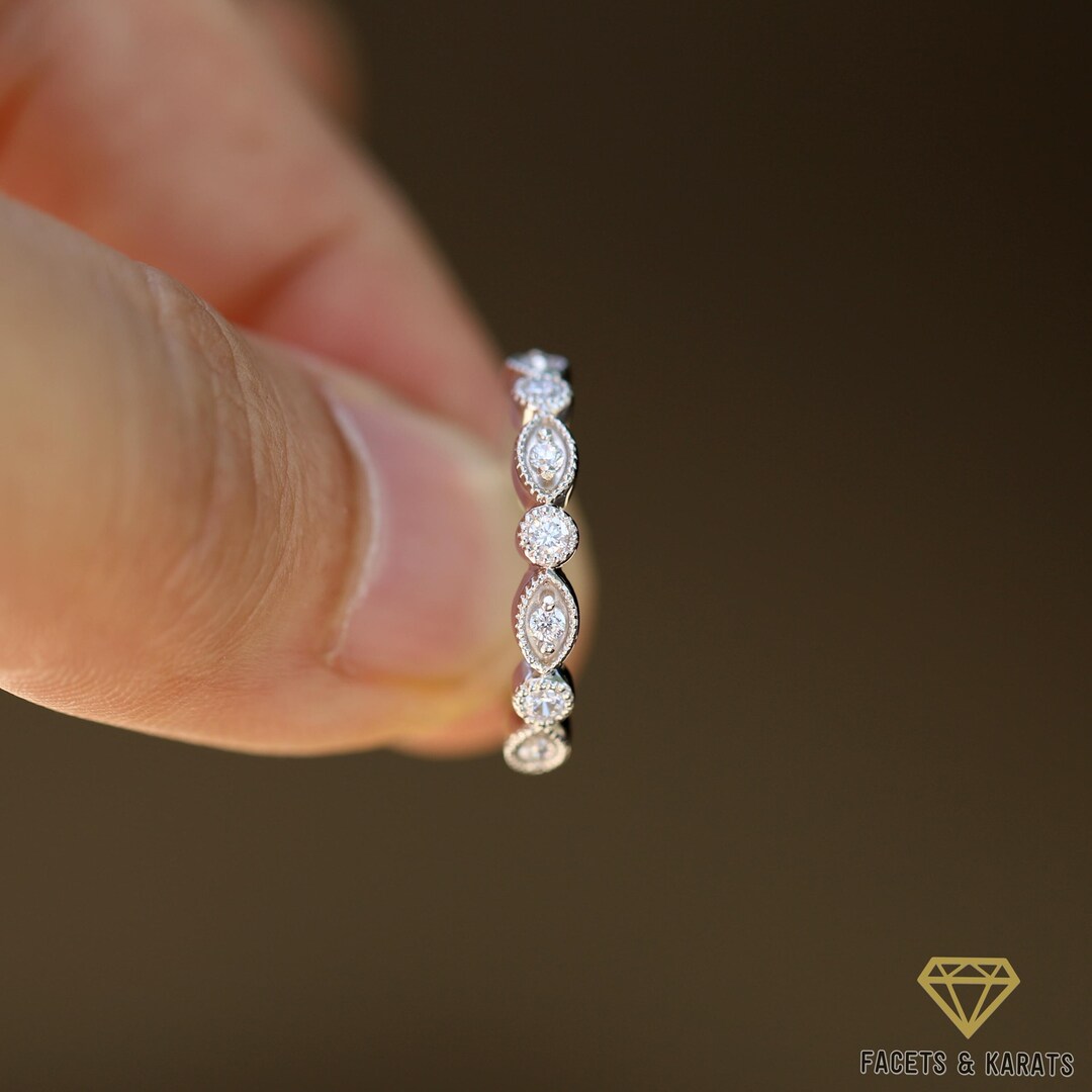 Unique Lab Grown Diamond Vintage Wedding Ring, Solid 14K White Gold ...