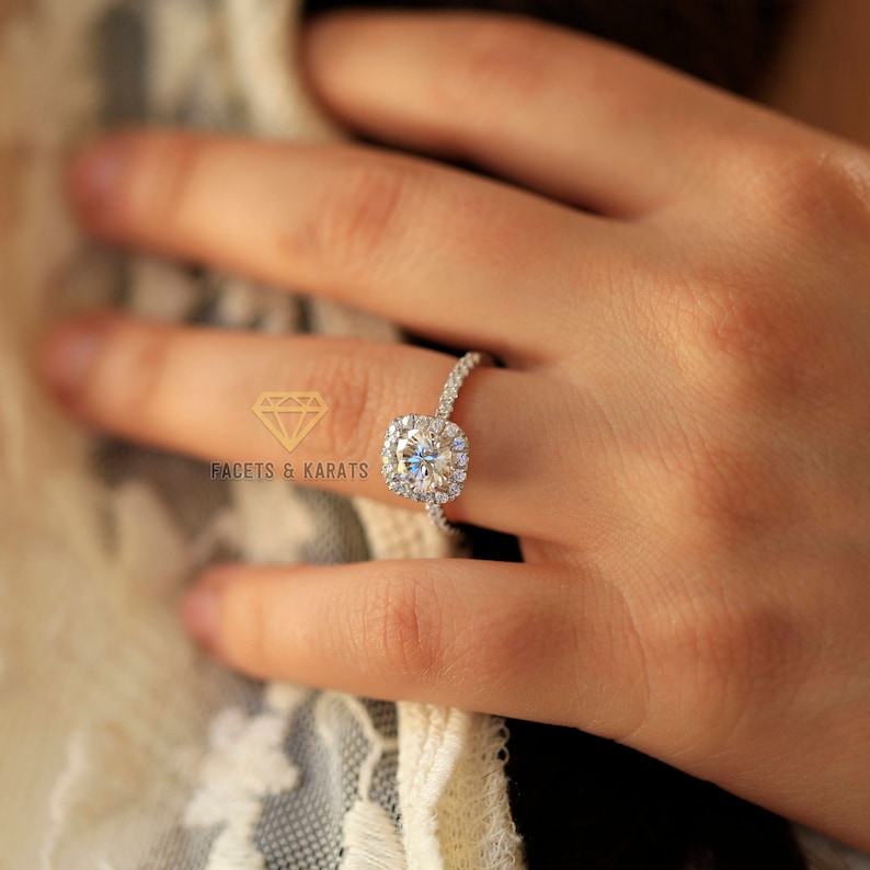 18k White Gold Cushion Cut Halo Engagement Ring, 2 Carat Round Cut Bridal Wedding Ring Lab Created Man Made Synthetic Simulated Diamonds image 4