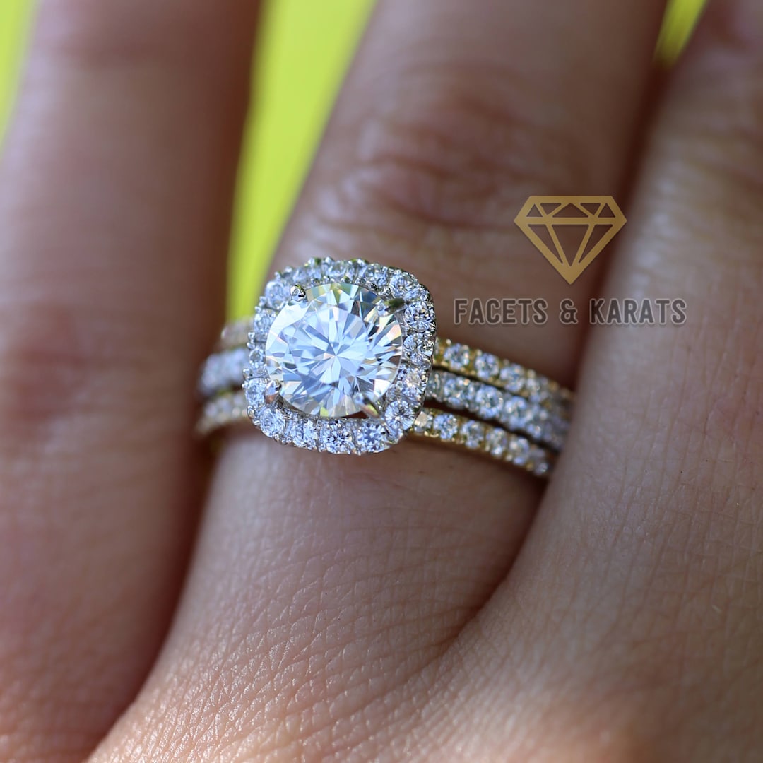 14k Solid Gold 2.55 Ctw Classic Square Halo Bridal Set Ring
