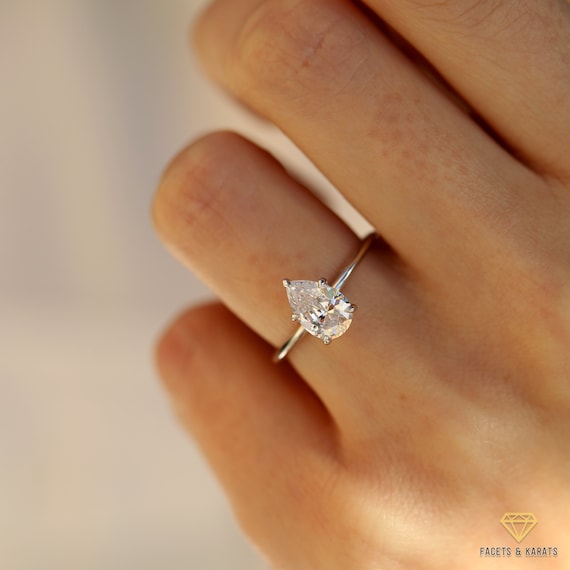 5 Prong Pear Shaped Solitaire Ring 1.5ct 9x6mm Pear Shaped Moissanite Engagement Ring Thin Band Solitaire Ring 14K Solid White Gold Etsy