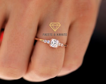 14K roségouden damesbeloftering voor haar, kussengeslepen minimalistische verlovingsring, trouwring, alternatieve gesimuleerde diamantring diamant