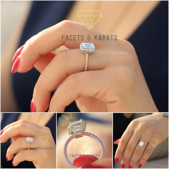 Emerald Cut Moissanite Engagement Ring, Emerald Cut Ring, Halo Engagement  Ring, Ct Solid 10k/14k Gold Two Tone Engagement Ring