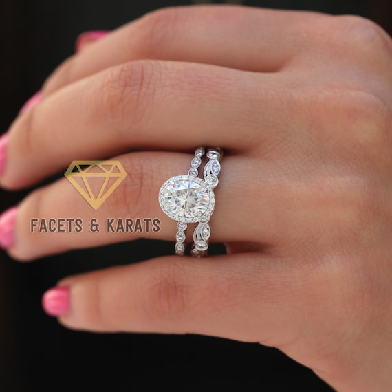 2 Carat Oval Halo Vintage Engagement Ring and Art Deco Leaf Wedding Band Wedding Ring Bridal Set in 14K White Gold by Facets and Karats