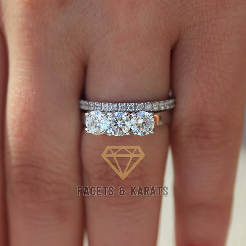 Three Stone Wedding Ring Set Bridal Set 14k White Gold Etsy