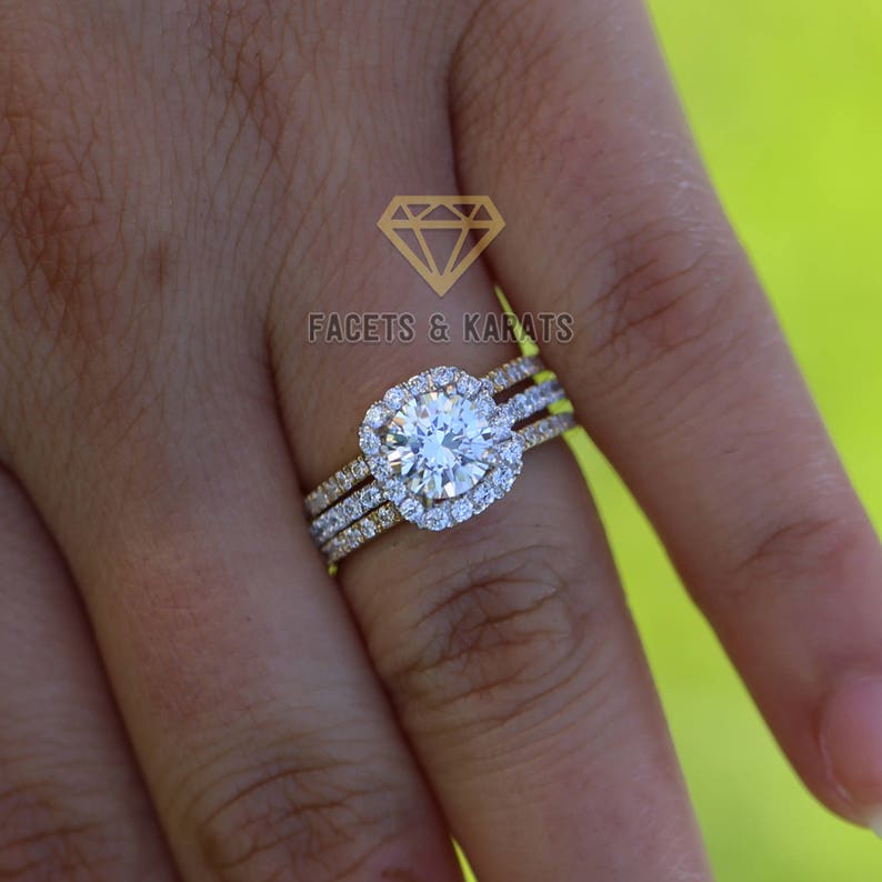 2.5 CT Round Halo Engagement Ring band Bridal set Solid 14k White Gold, Unique White Gold Engagement Rings by FACETS & KARATS image 5