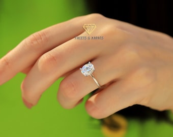 18k Carat Oval Diamond Ring, Oval Solitaire Ring Thin Band, Oval