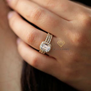 3 ctw Emerald Cut Engagement Ring Bridal Set Wedding Band Solid 14k Yellow Gold Lab Created Man Made Simulated Diamonds image 6