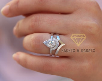 Pear Shaped Boho Engagement Ring 14k Solid White Gold - Yellow Gold or Rose Gold Alternative Engagement Rings by Facets & Karats on etsy