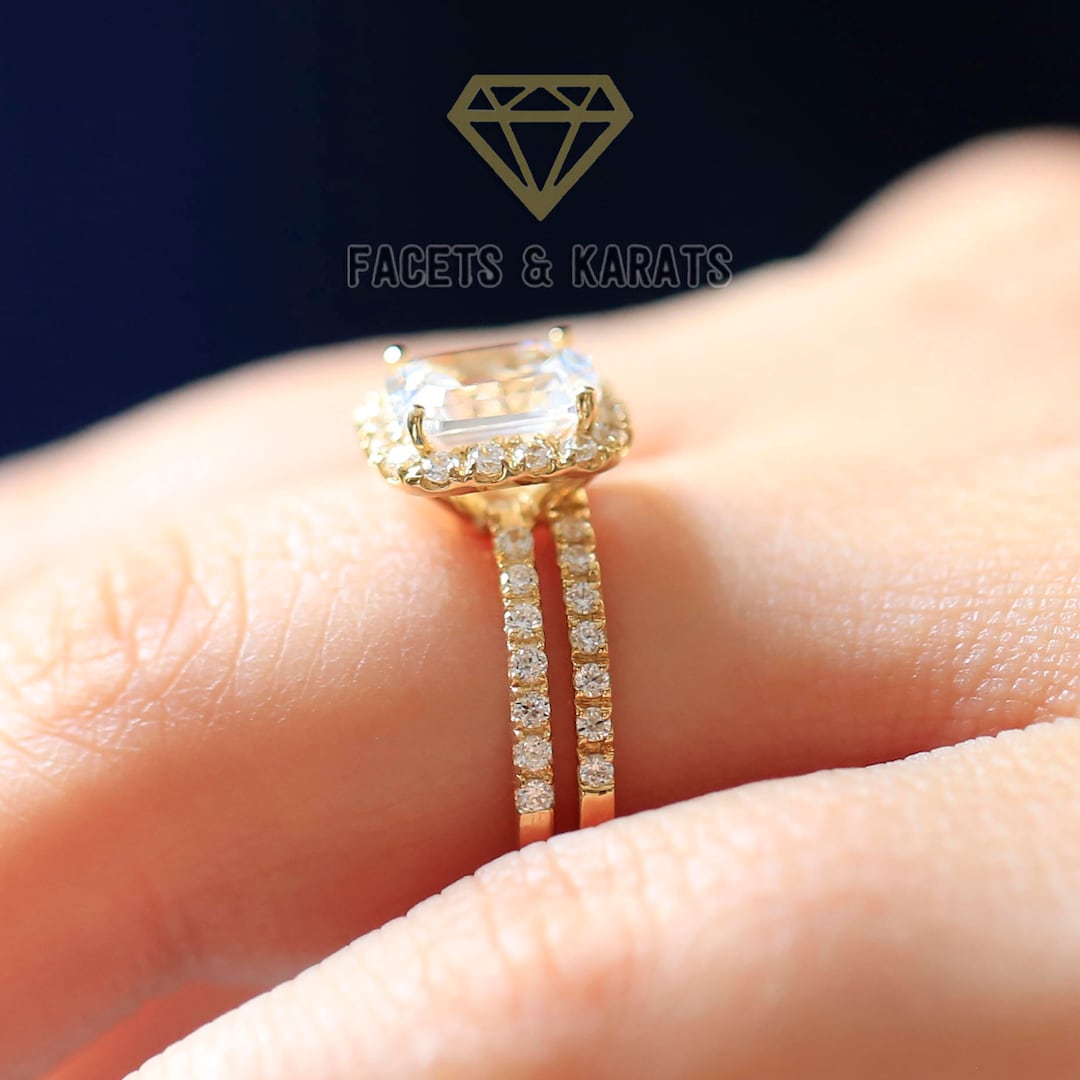 Emerald Cut Bridal Set of 2- 14k Yellow Gold, Carats, Wedding Set,  Emerald Cut Engagement Ring Band Set, Diamond Simulant