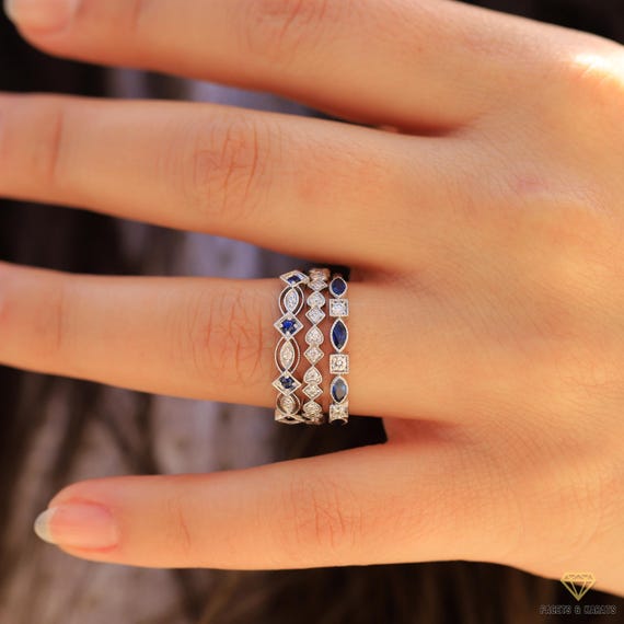Sapphire & Moissanite Set of 3 Rings, 14K White Gold Ring Stack, Gift For Her, Alternating Shape Rings, Diamond Heart Shaped Eternity Band