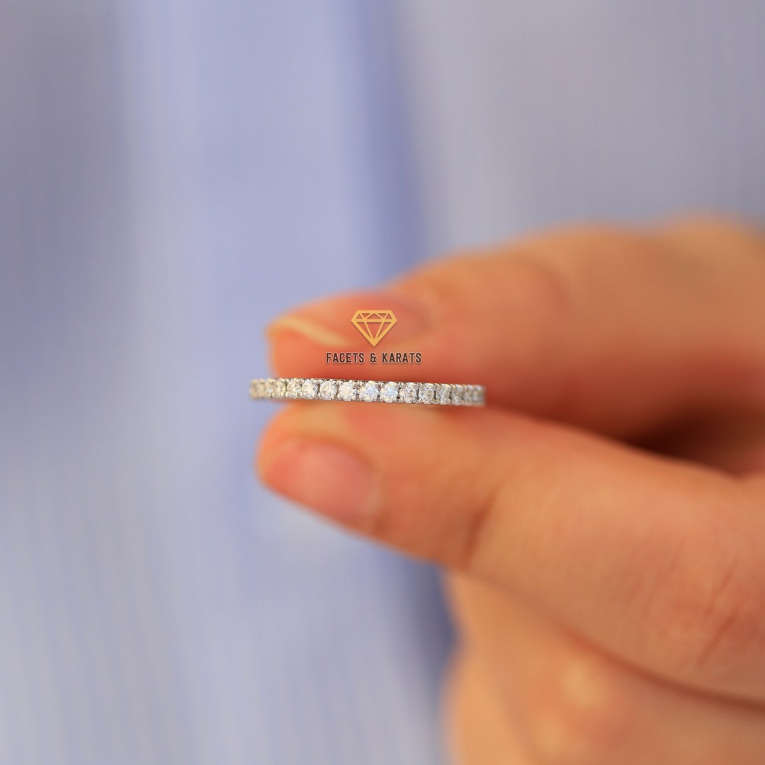 14K White Gold Band Womens Moissanite Diamond Wedding Band Half