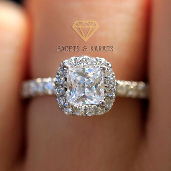1.5 Ctw Princess Cut Engagement Ring Solid 14k White Gold Lab