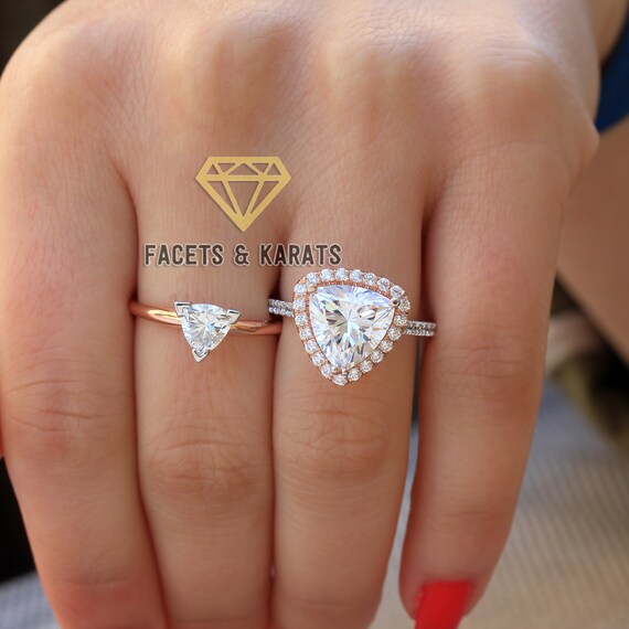Custom Wedding Ring Trillion Cut Engagement Ring 14K Two-Tone Bridal  Wedding Ring, Halo Engagement Ring, Pave Rose Gold Ring Facets Karats