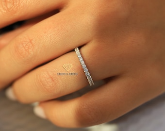 3/4 Eternity Diamond Wedding band in 10K or 14K Solid Gold, Low profile comfort fit stacking ring in Lab Grown Diamonds or Moissanite