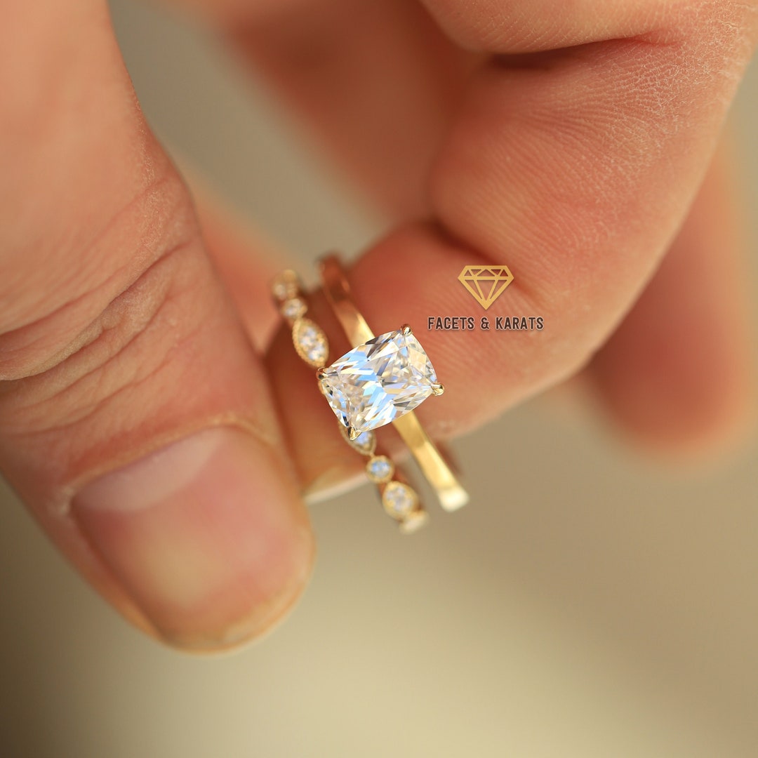 Custom Made Elongated Cushion Cut Engagement Ring \u0026 Art Deco Wedding Band Solitaire Wedding Ring Set of 2 for Women, 14K Solid Yellow Gold, image size:1080x1080