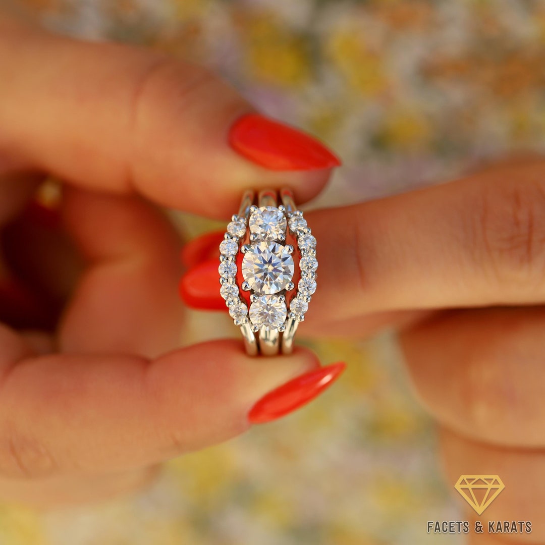 Slightly Rounded Ring Band Moissanite Bridal Ring Set of 3 Rings, Round Cut 3-stone Engagement ...