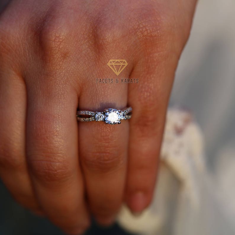 Past Present Future Three Stone Engagement Ring, Bridal Ring, Wedding Ring Promise Ring Man Made Lab Created Diamond Simulant 14k White Gold image 6