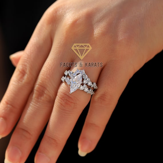 3.50 Carat Marquise Engagement Ring Wedding Set Curved Wedding Band 14K Solid White Gold Rose Gold Yellow Gold by Facets and Karats Etsy