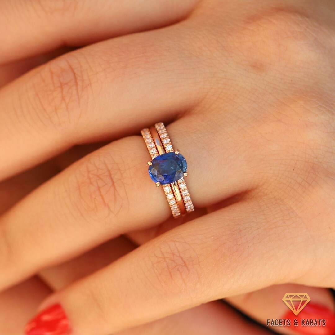 Oval Sapphire Engagement Ring & Wedding Ring Set for Women, Oval