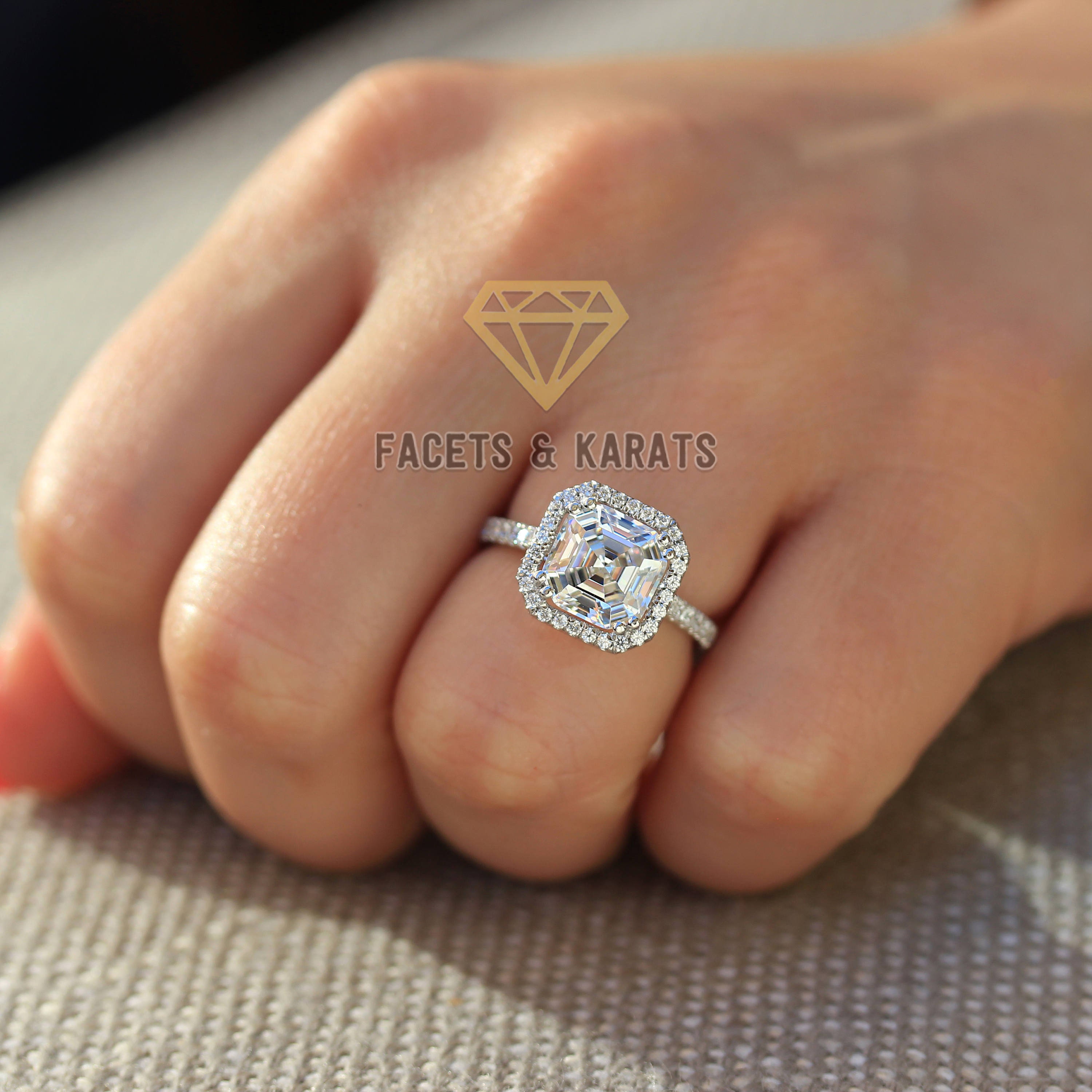 4Ct Asscher Cut VVS1/D Diamond Halo Engagement Ring Solid 14K White Gold Finish