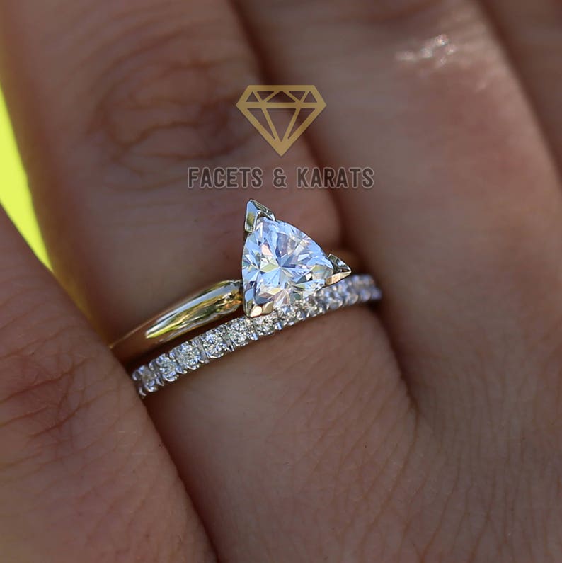 1.34ctw Trillion cut Solitaire Engagement Bridal Promise Ring Wedding Band Solid 14k Gold Man Made Simulated Diamonds or Moissanite Ring Set image 5