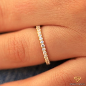 1.5mm Lab Created Diamond Wedding Band Womens Half Eternity Man Made Diamond Band 14K Solid Yellow Gold, Pave Wedding Band, Stackable Band