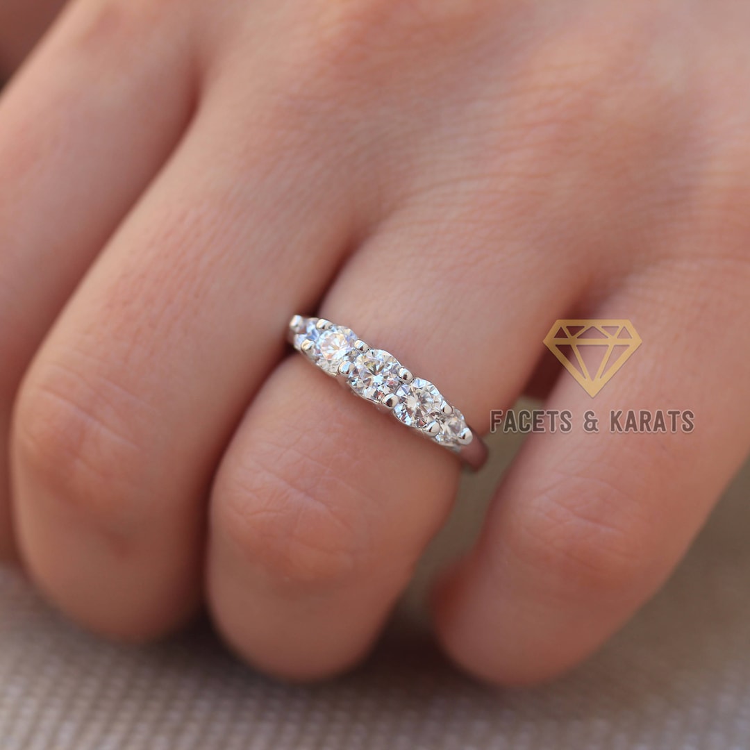 5 Stone Diamond Ring 1 Carat 14k Solid White Gold Five Stone Wedding Band Anniversary Ring Simulated Diamonds Wedding Ring Band Etsy