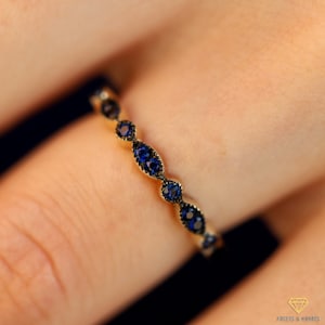 Solid 14K Gold Gothic Wedding Band Womens Blue Sapphire Wedding Ring, Vintage Style Unique Art Deco Ring, Stacking Anniversary Band For Her