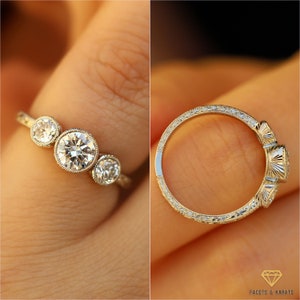 Unique Bezel Moissanite Ring Womens Hand Engraved Engagement Ring, Vintage Style Beaded Bezel Set Milgrain Three Stone Ring, FACETS & KARATS