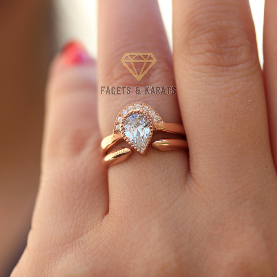 Non Diamond Engagement Ring with Open Wedding Band Pear Shaped Etsy