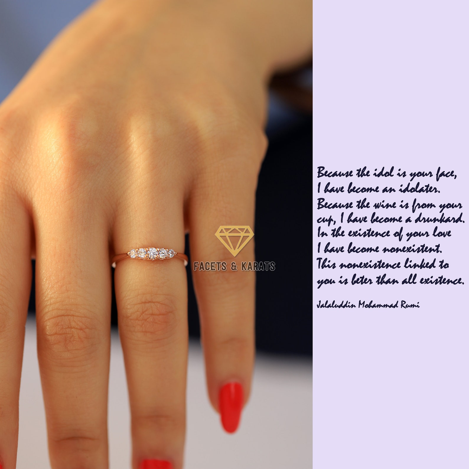 14K Rose Gold Promise Ring for Her, 5 Stone Ring Womens Anniversary