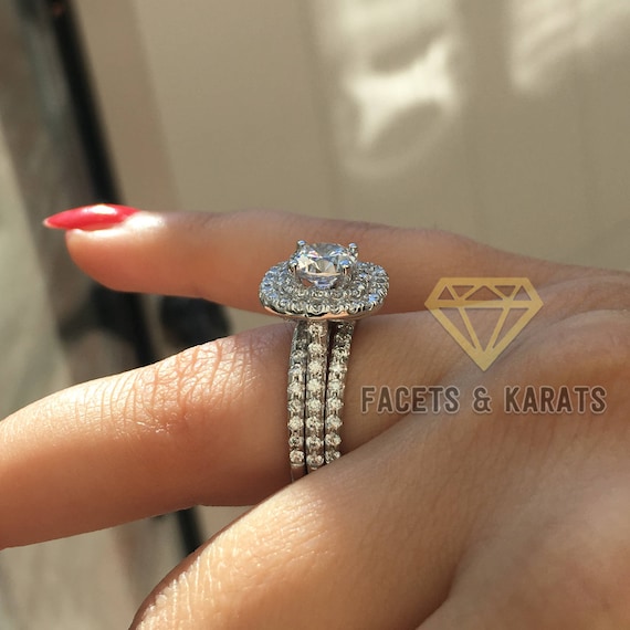 Double Band Engagement Ring Set 14k Solid White Gold Double Halo