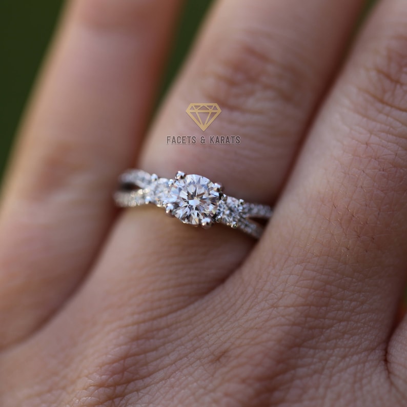 Past Present Future Three Stone Engagement Ring, Bridal Ring, Wedding Ring Promise Ring Man Made Lab Created Diamond Simulant 14k White Gold image 7