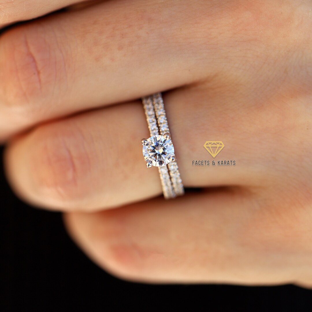 Round Brilliant Cut Moissanite Engagement Ring Set White Gold Solid 14K ...