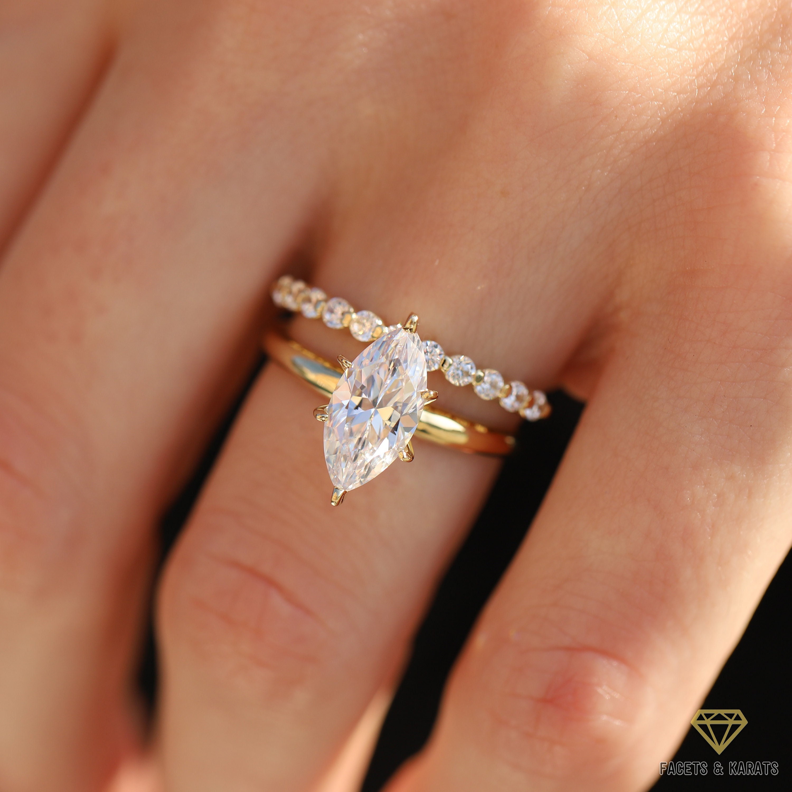 1.5ct Marquise Moissanite Ring & Wedding Band Wedding Ring Set, Moissanite Solitaire Marquise Engagement Ring Set, Bridal Set 14K Solid Gold