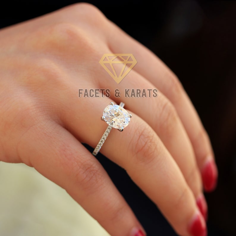 2 Carat Oval Engagement Ring Thin Band 14k Solid White Gold Etsy