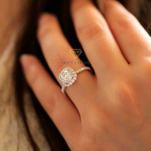 18k White Gold Cushion Cut Halo Engagement Ring, 2 Carat Round Cut Bridal Wedding Ring Lab Created Man Made Synthetic Simulated Diamonds image 7