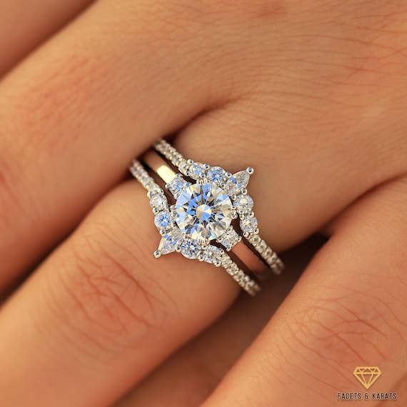 14K White Gold Moissanite Engagement Ring Set for Women Round Cut