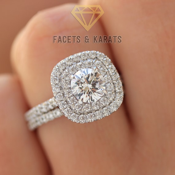 Double Band Square Halo Engagement Ring - XO Jewels