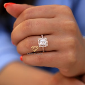 14K Rose Gold Vintage Art Deco Princess Cut Halo Unique Engagement Wedding Ring, Simulated Square Diamond Ring, By Facets and Karats on Etsy