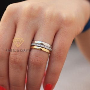 SOLID 14K Gold Womens Wedding Band Set, Stacking Rings, Stackable Bands, Plain Gold Bands with Half Eternity Simulated Diamond Band Set of 3