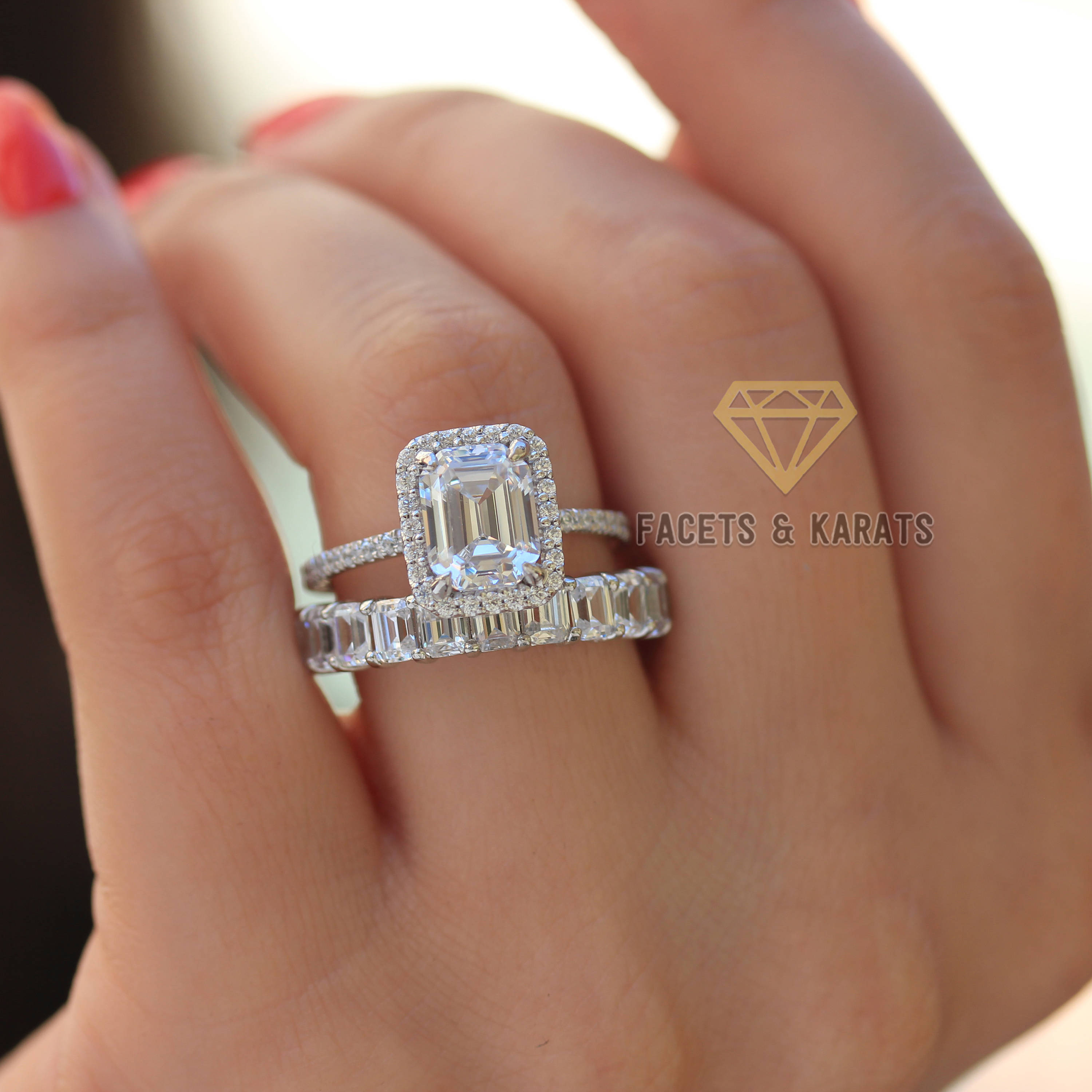 2Ct Emerald Cut Diamond Halo Bridal Wedding Ring Set 14K Rose Gold Finish 